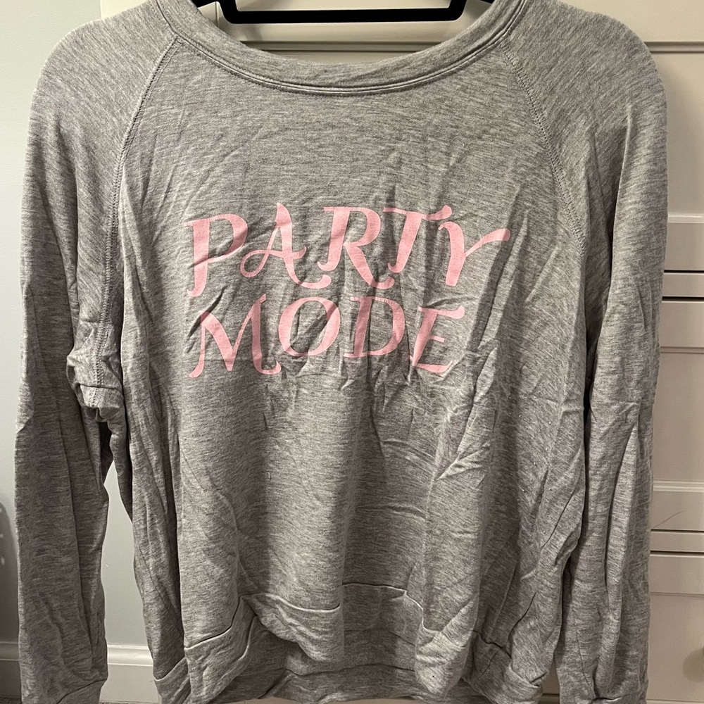 "Party Mode" long sleeve top in gray with pink writing